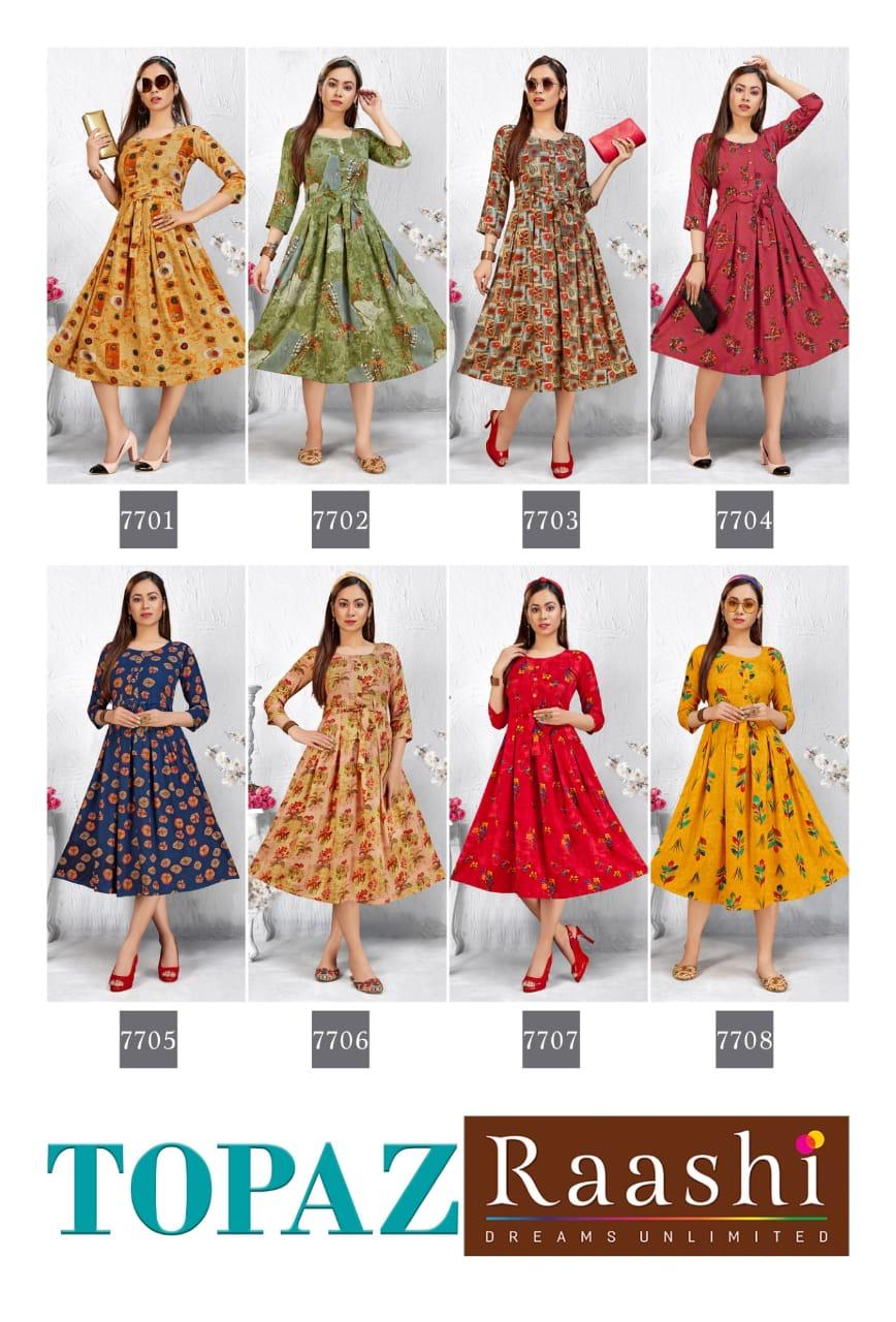 Raashi Topaz Latest Festive Wear Anarkali Style Heavy Rayon Printed Kurti Collection